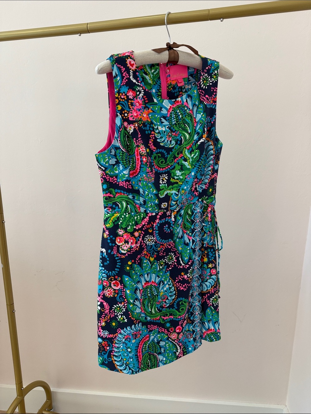 Lilly Pulitzer Navy Paisley Floral Wrap Mini Dress with Pink Trim